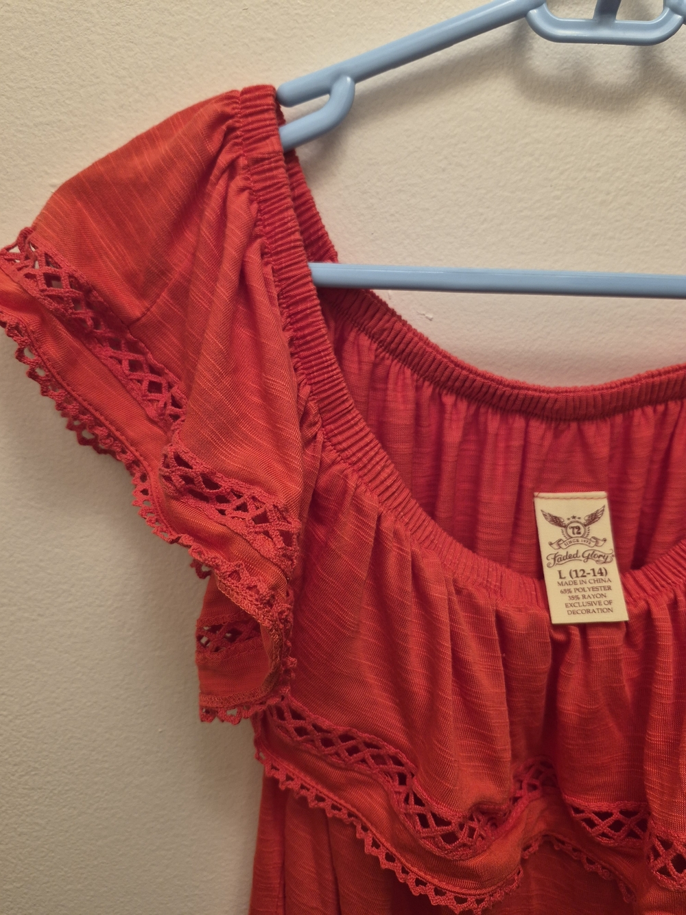 Women’s Red Off-Shoulder Ruffle Top - Picture 4 of 7